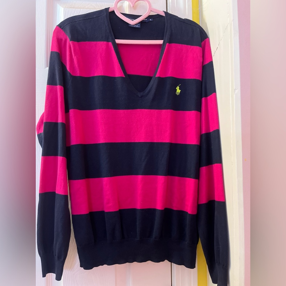 Ralph Lauren Sport V-Neck Sweater in Pink and Navy